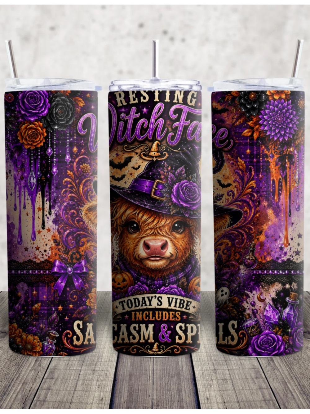 Hand Crafted Purple & Orange Witch Faerie Highland Cow Stainless Tumbler